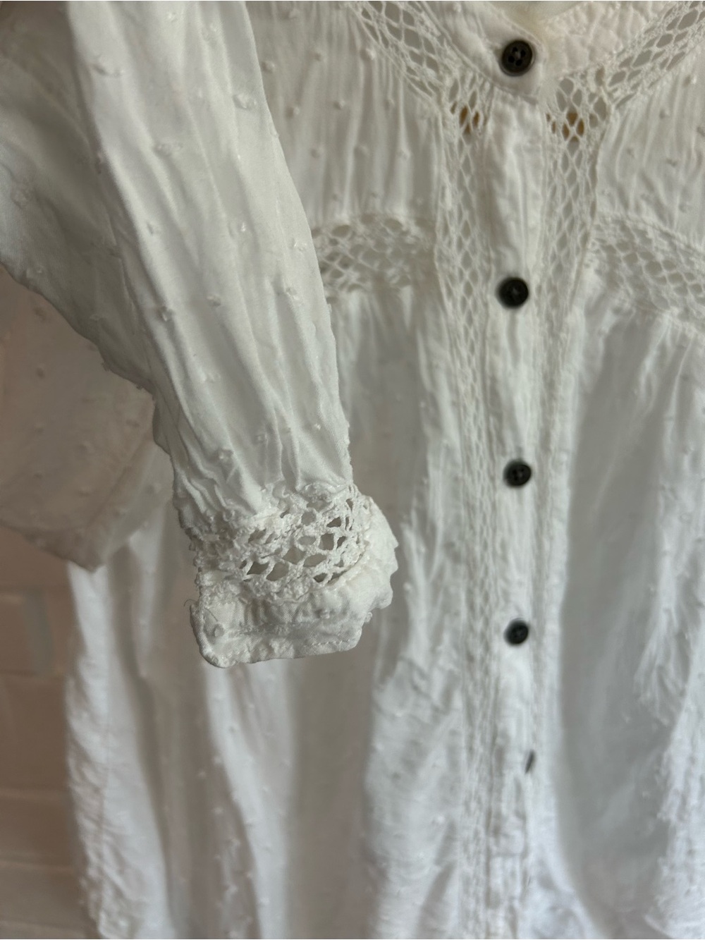 Free People White Swiss Dot Crochet Trim Button-Front Blouse - Picture 3 of 9